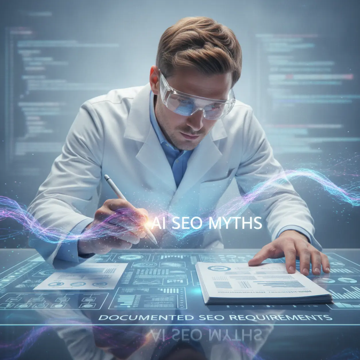 Scientist separating AI SEO myths from facts.
