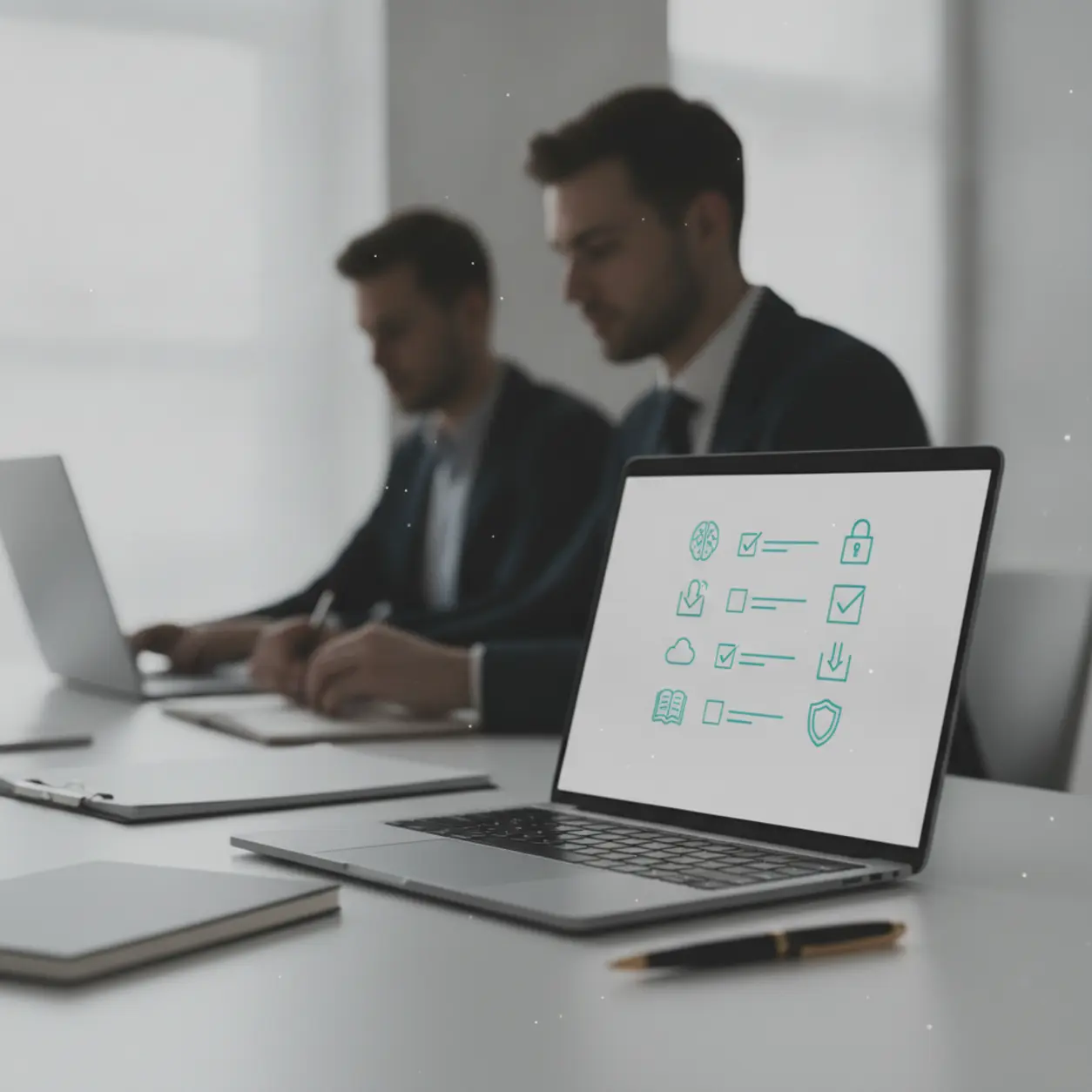 Minimalist office, laptop with an AI checklist.