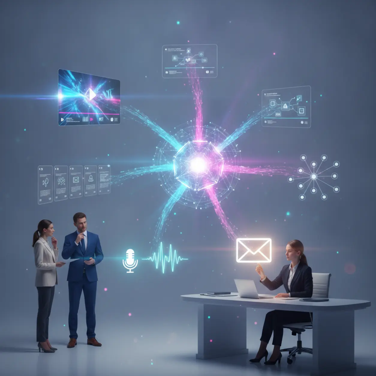 A digital data network with various content formats.