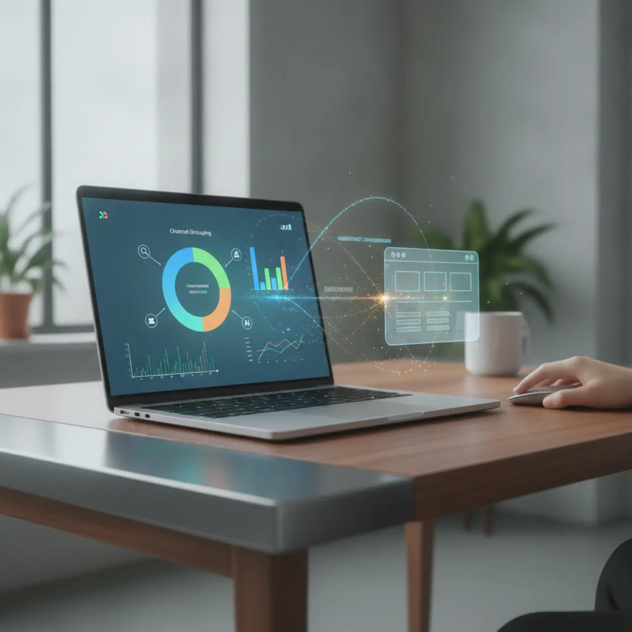 A modern desk with an analytics dashboard displayed on screens.