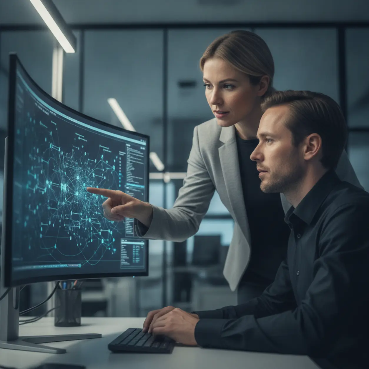 Two scientists analyzing a neural network diagram.