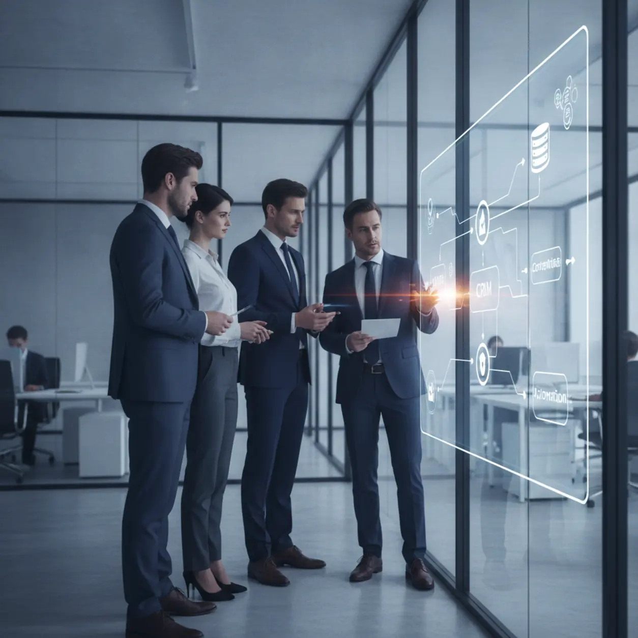 Business people discussing data on an interactive screen.