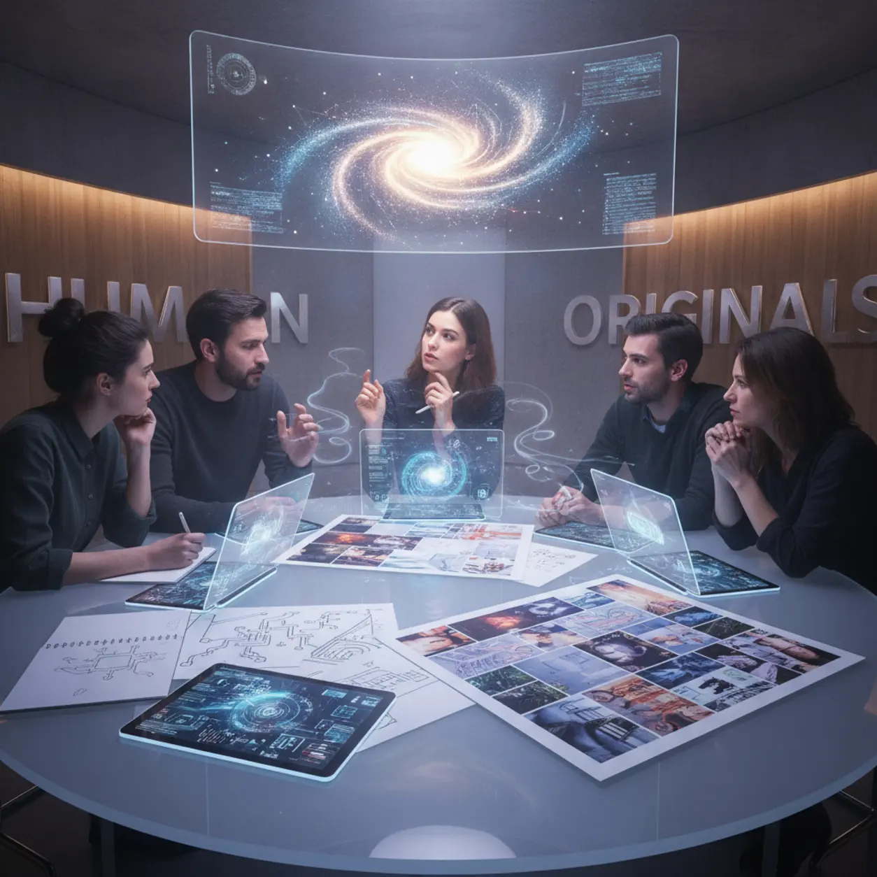 A team brainstorming about AI innovations and human creativity.