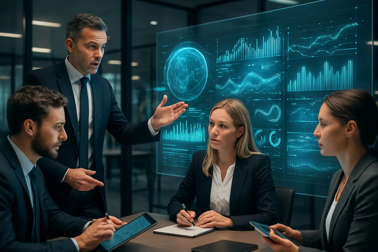 Professionals analyzing an AI hologram.