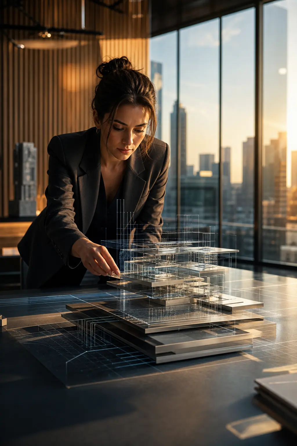 A woman examining a modern glass prototype in a design studio.