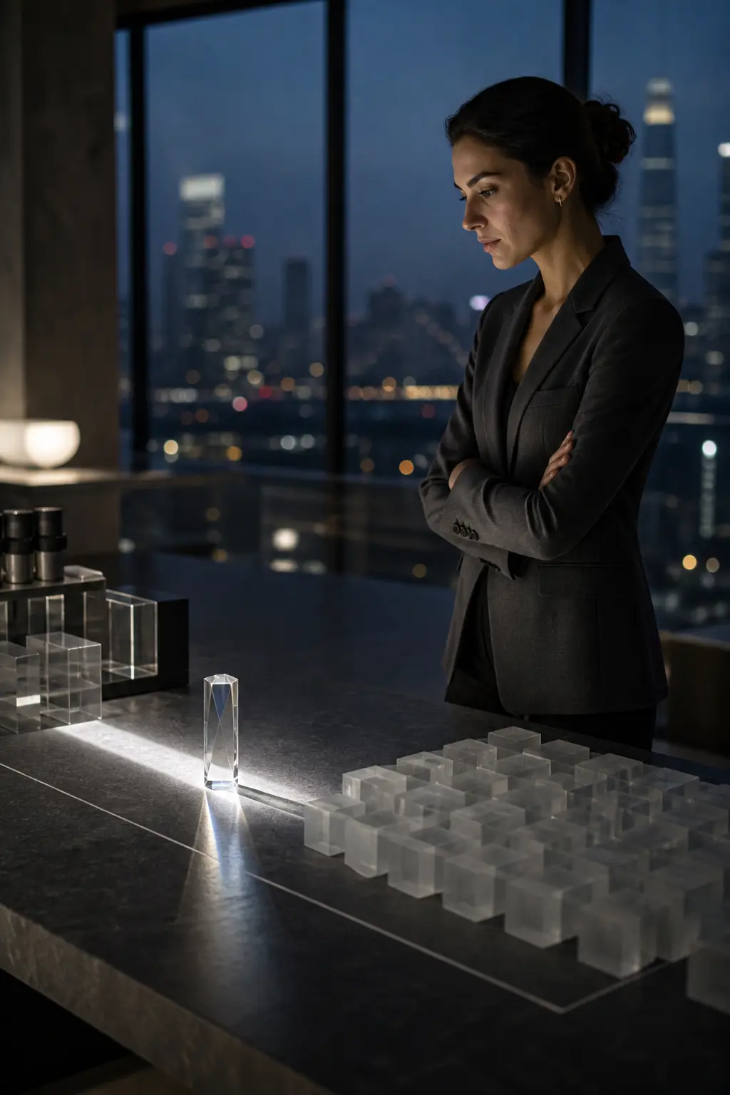Woman examining a minimalist desk with an illuminated prism.