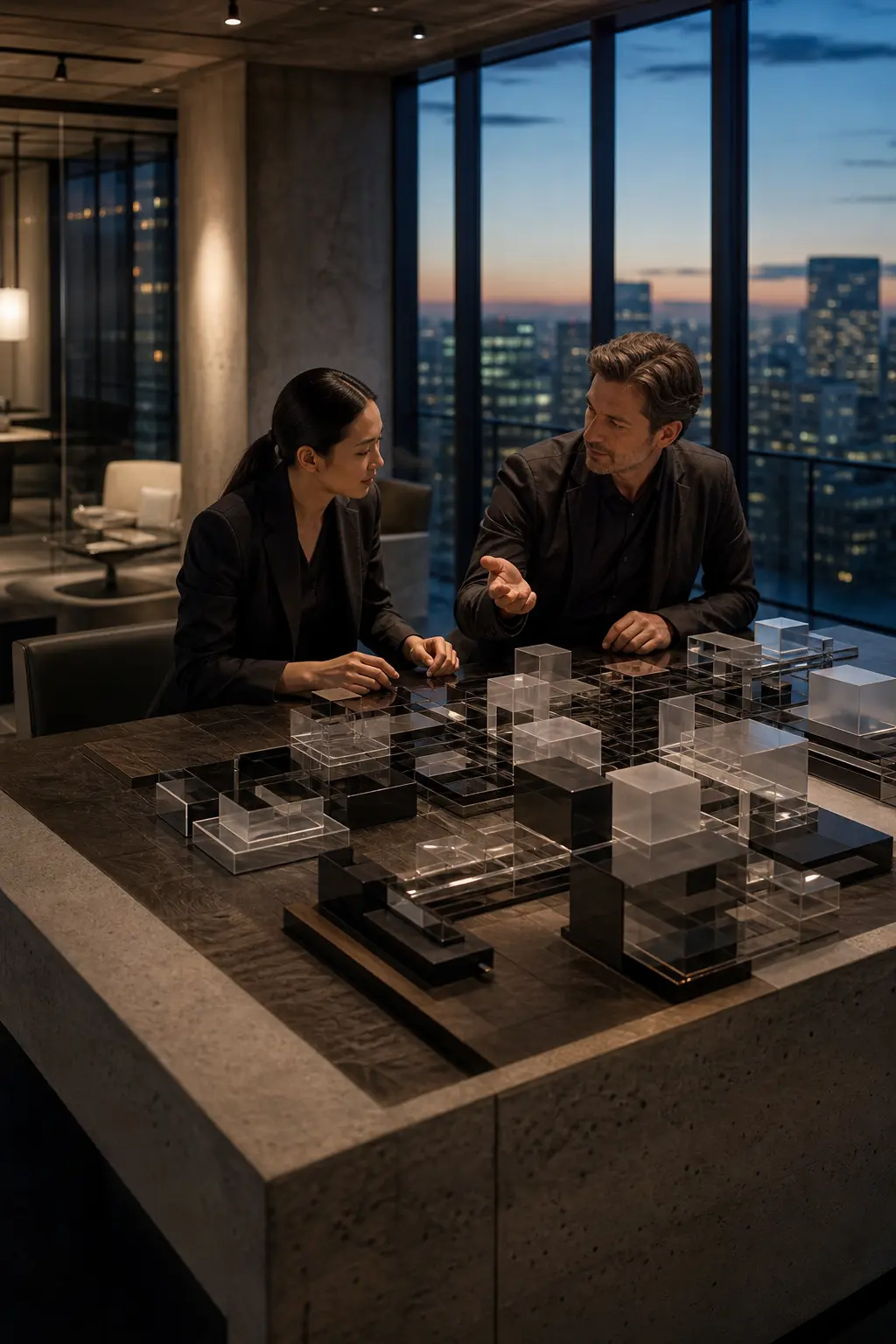 A strategic business planning session in a modern office at dusk.