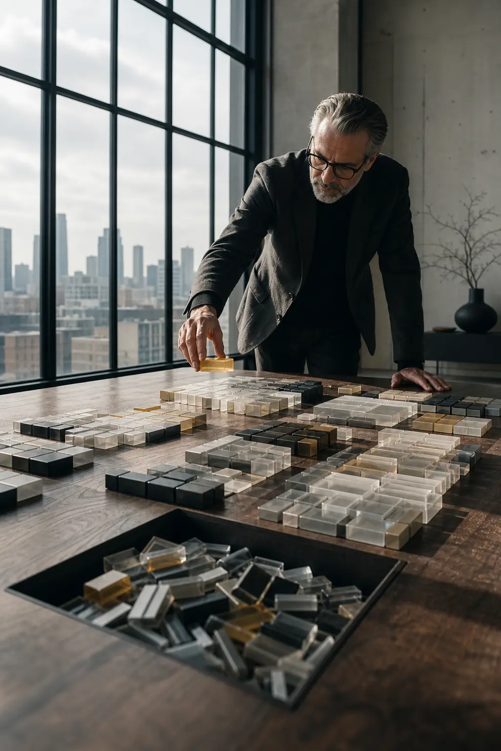 A senior digital analyst arranging glass blocks on a wooden table in a minimalist loft.