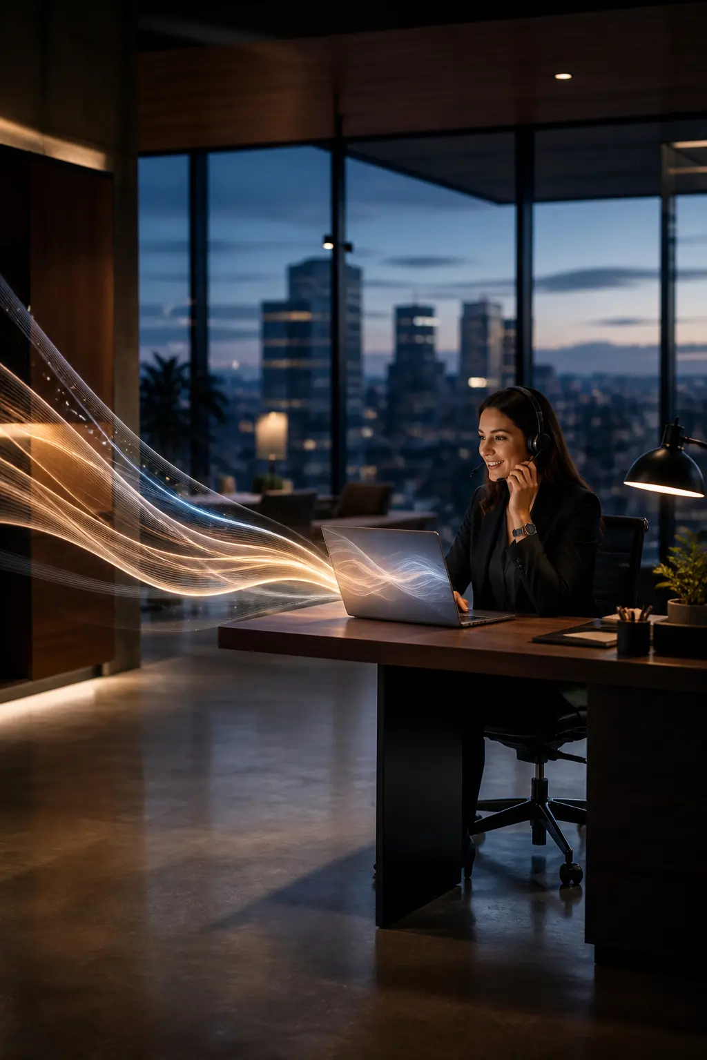 Modern office at dusk with a customer service specialist and streams of digital data.