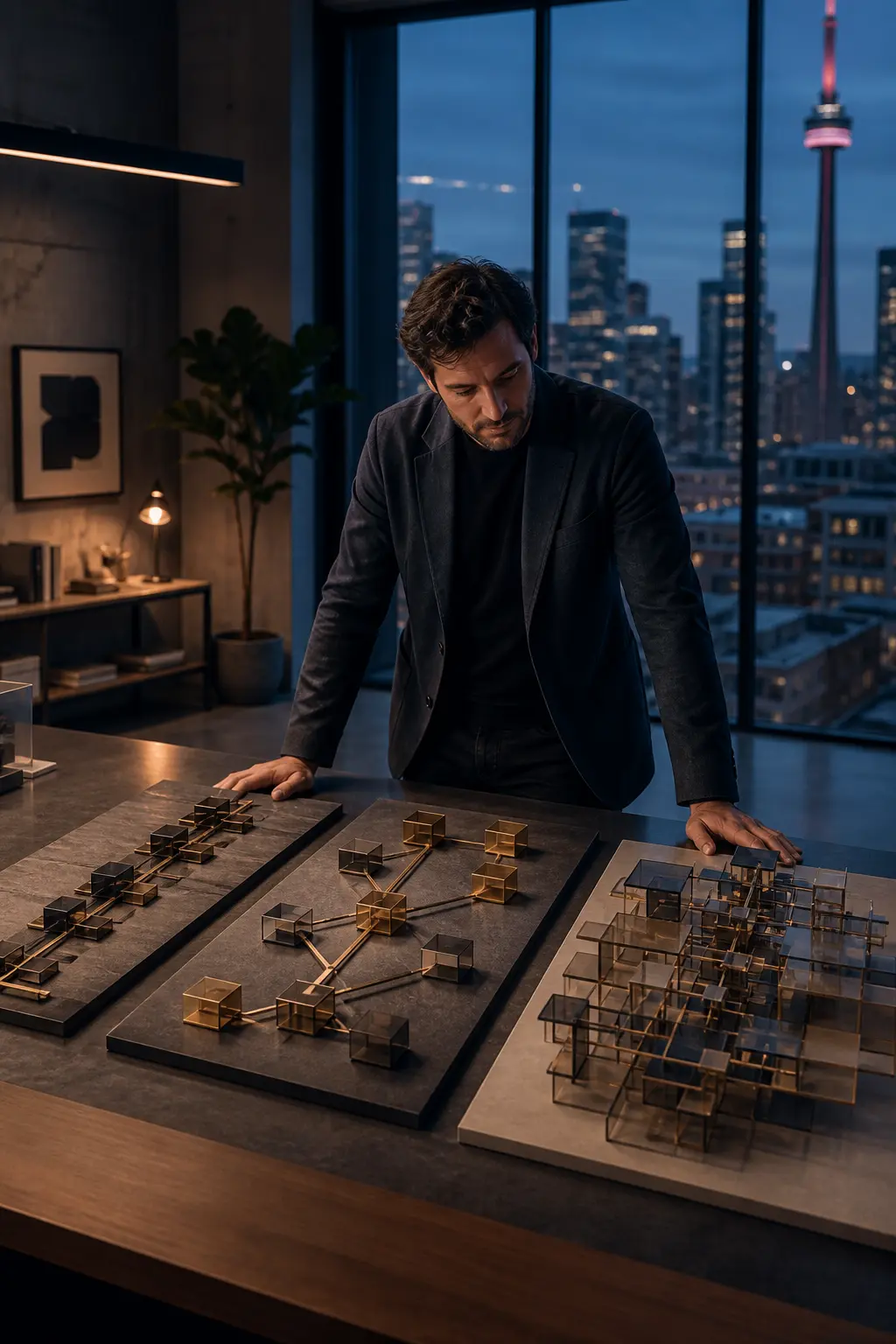 An expert analyzes architectural workflow models in a modern studio.