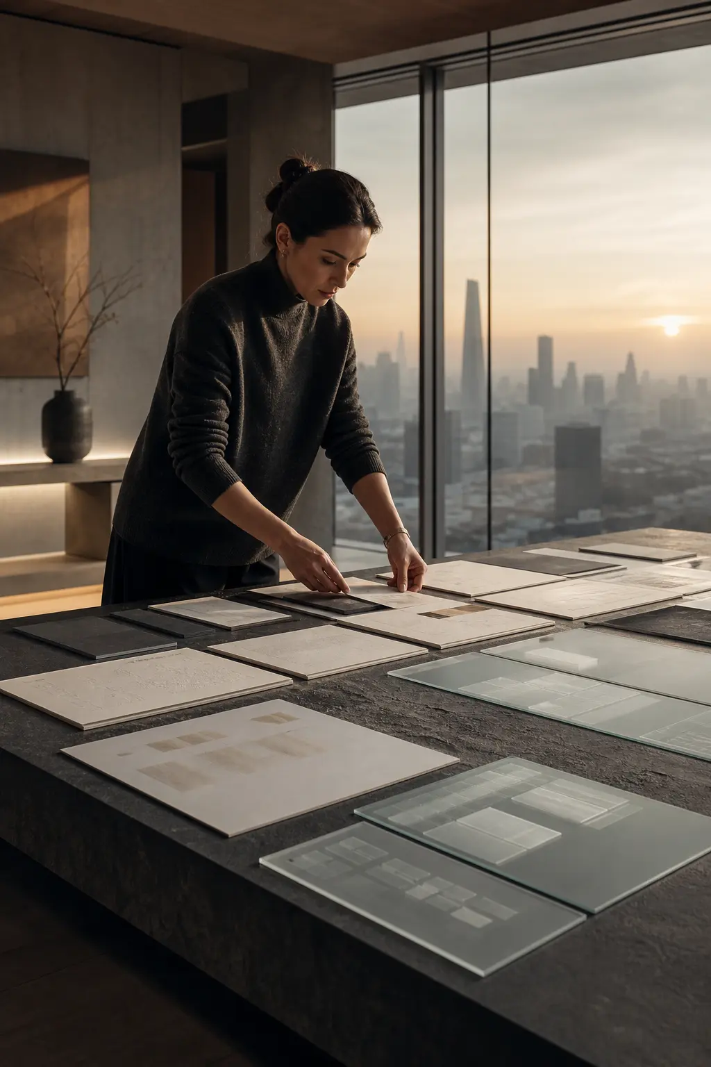Woman reviewing projects beside a window in a minimalist studio.