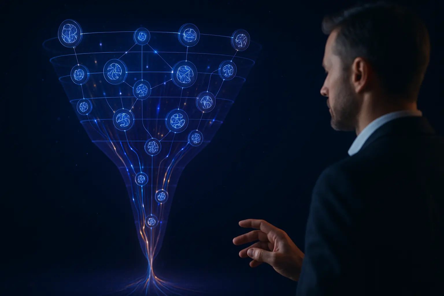 Invisible sales funnel with AI nodes and a man's silhouette.