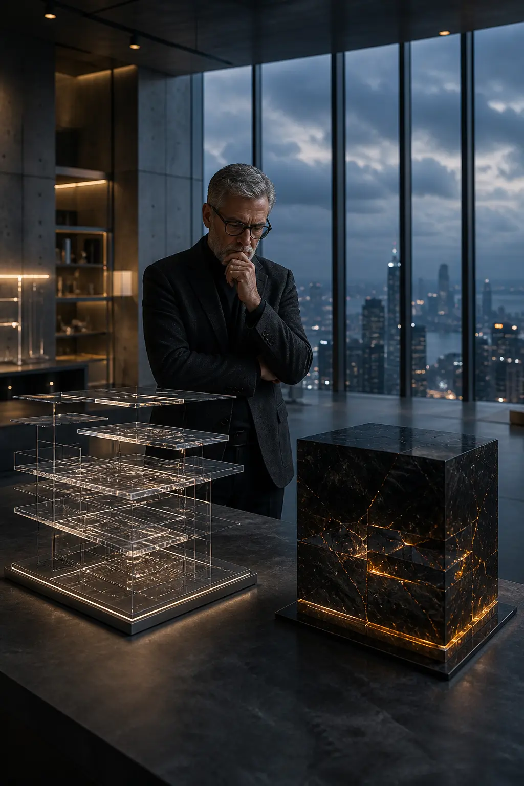 Machine learning architect analyzing data architecture prototypes in a minimalist laboratory.