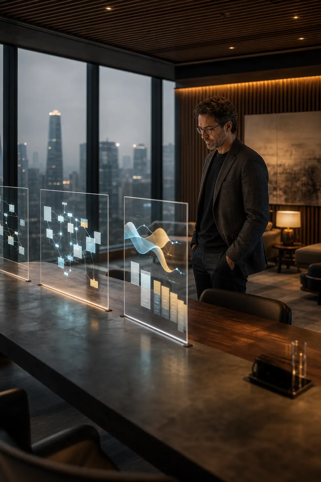 A creative director reviewing data visualizations on interactive panels in a modern studio at dusk.