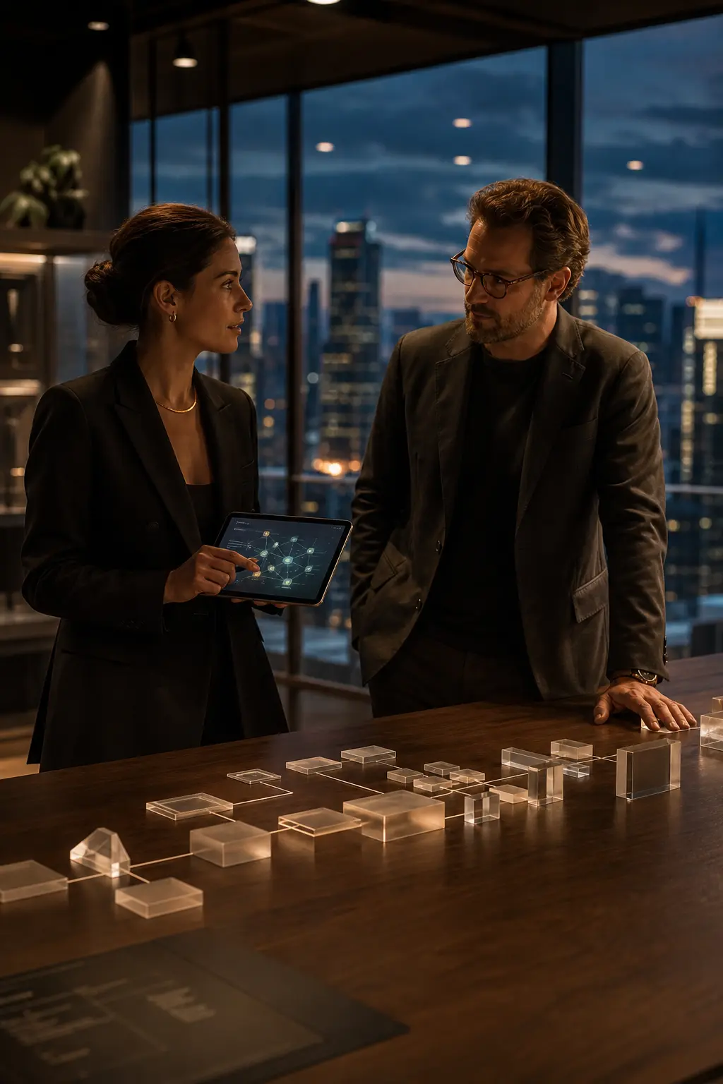 Architects reviewing a modular system on a table in a modern design studio at dusk.