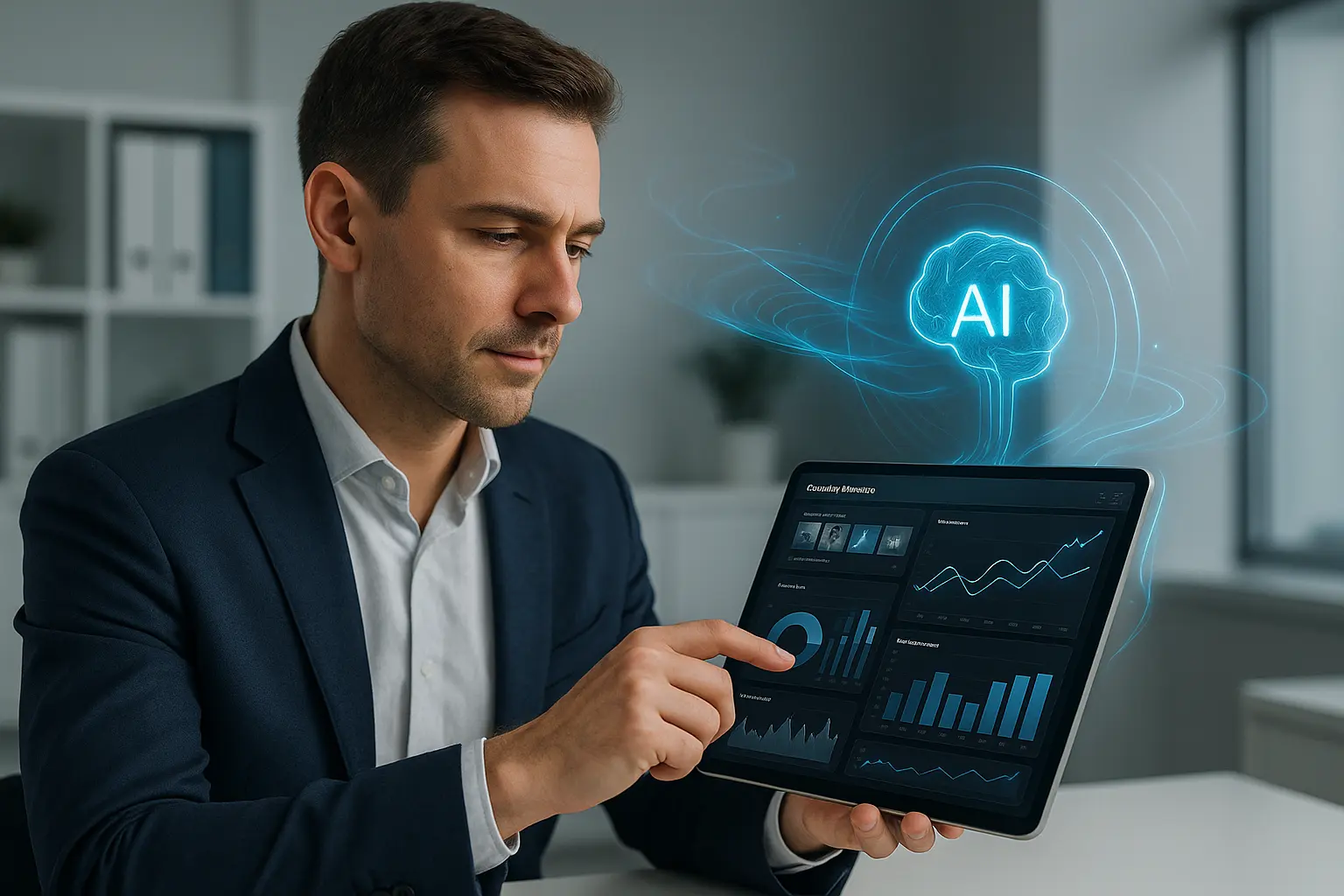 Marketer with AI on a tablet.