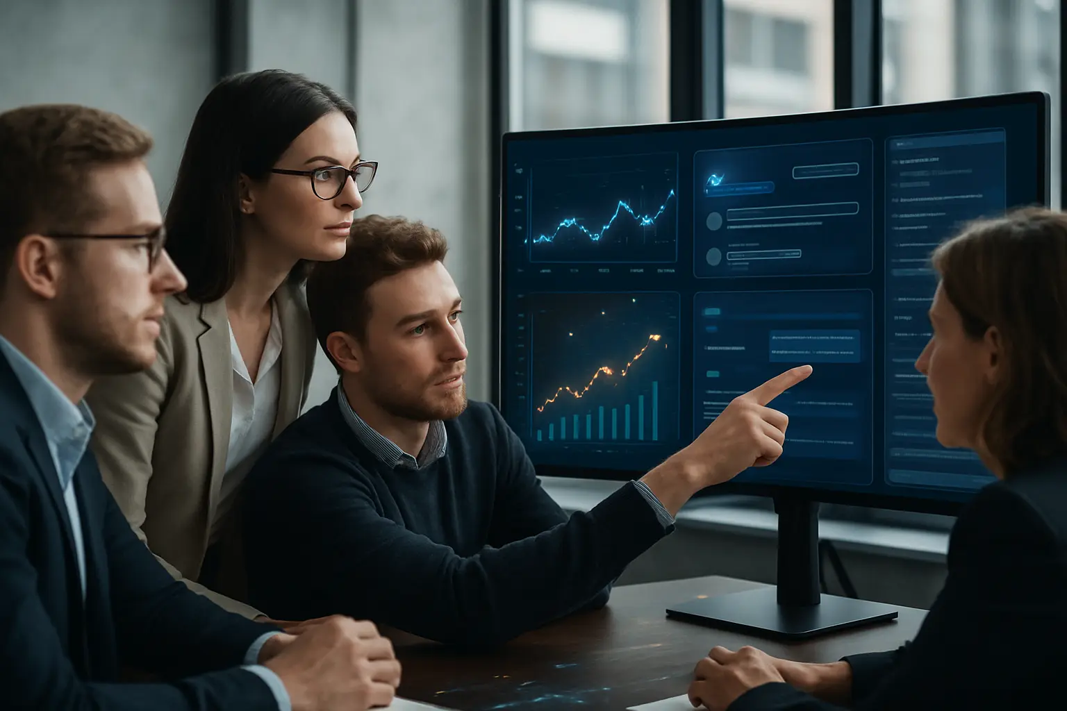 A team analyzes data on a monitor.