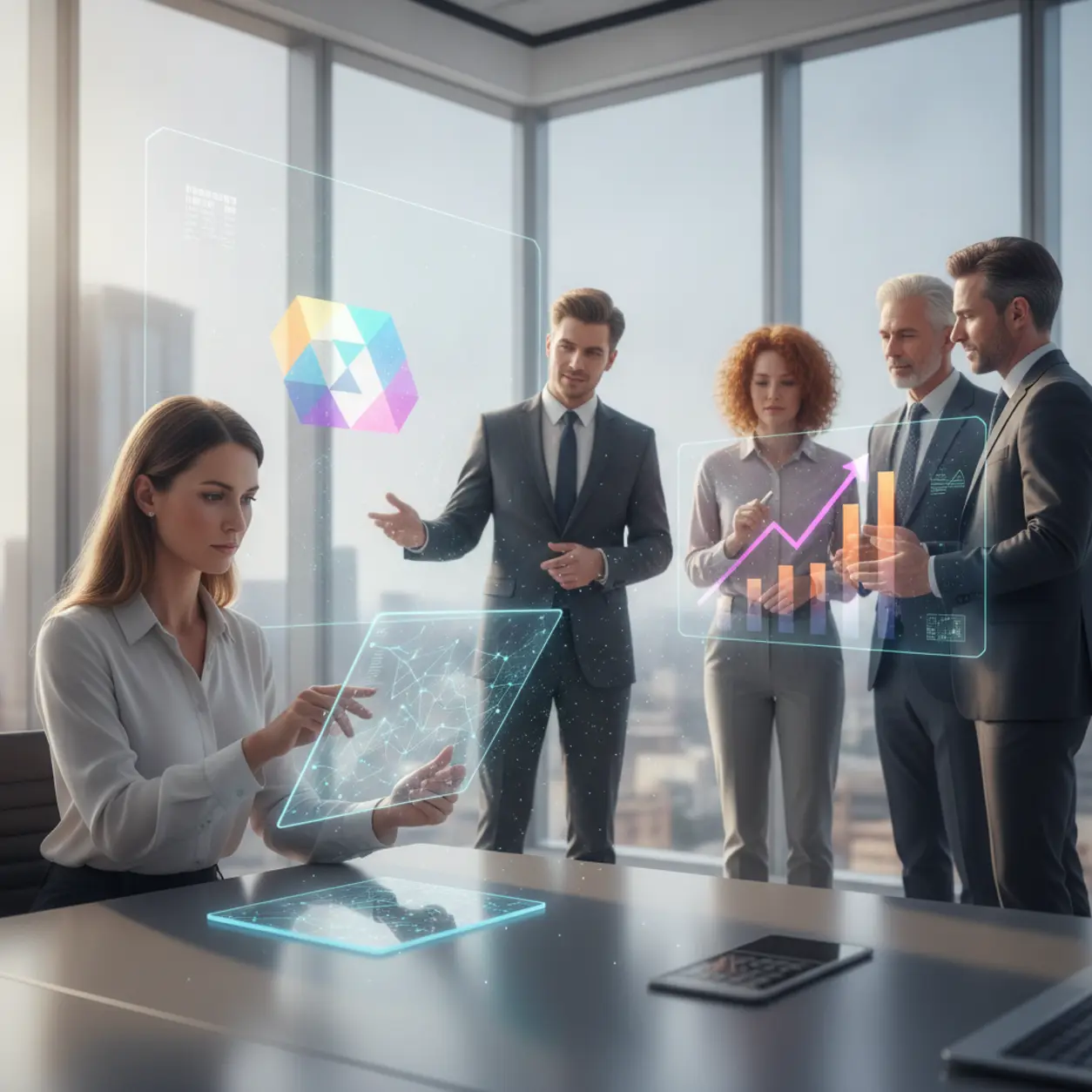 People in an office analyzing AI data.