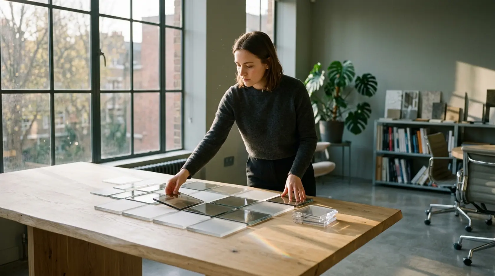 A specialist arranging transparent data blocks on a wooden table in a minimalist office lit by morning sunlight.