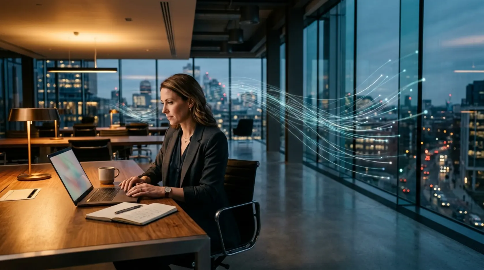 Modern office with an employee at a laptop at dusk, contrasting warm light with cool digital tones.