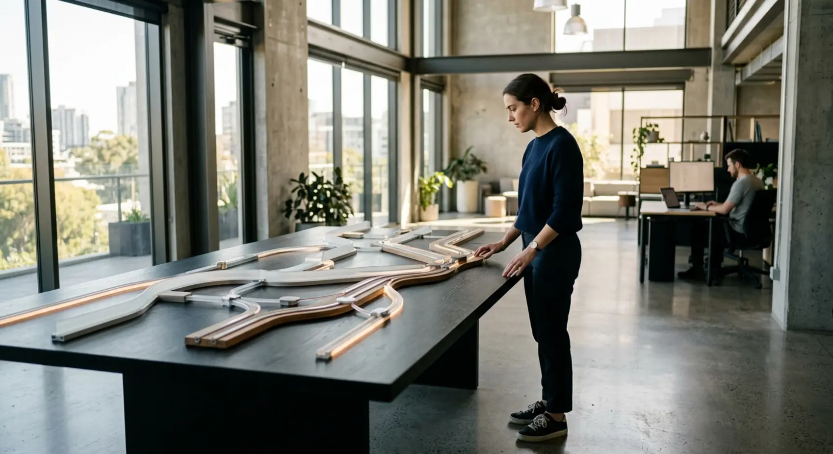 An expert works beside a workflow installation in a modern technology studio.