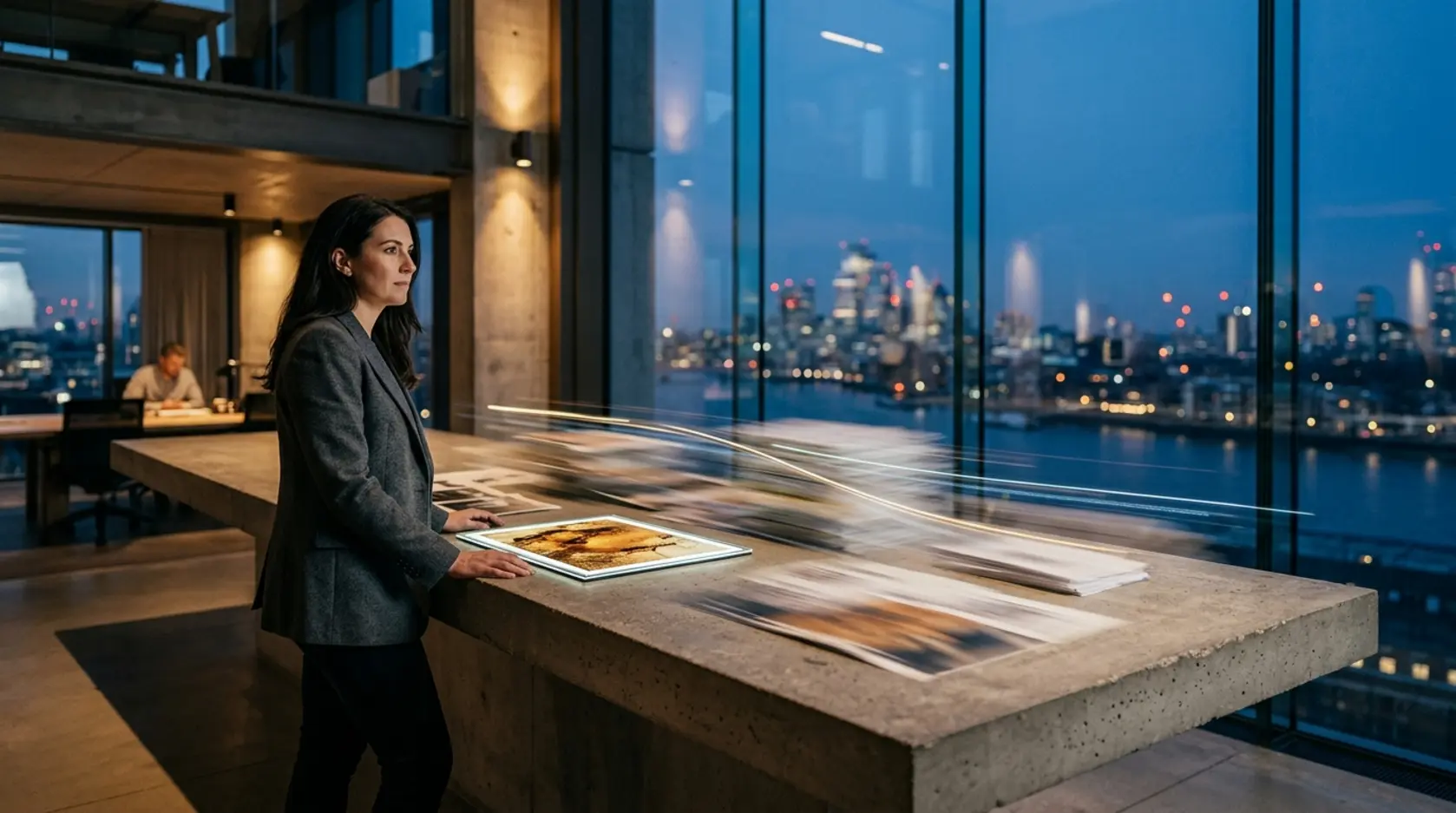 Creative director in a design studio at dusk, contrasting blurred movement with a fixed illuminated panel.