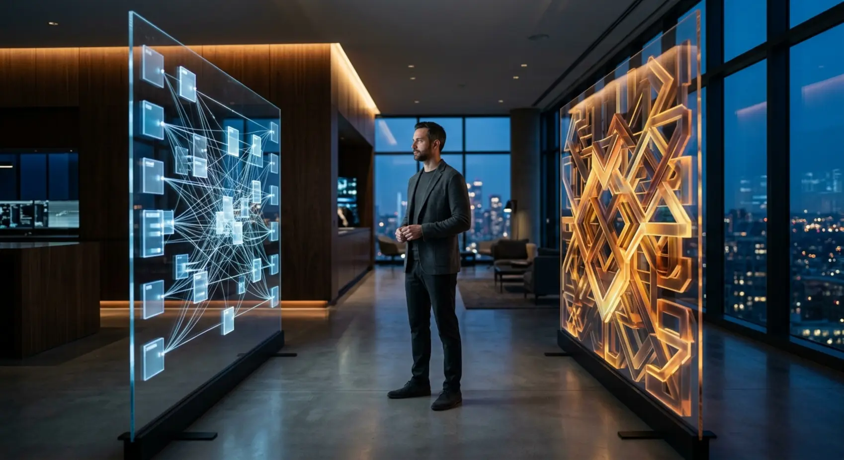 Technology architect in a modern studio at dusk.
