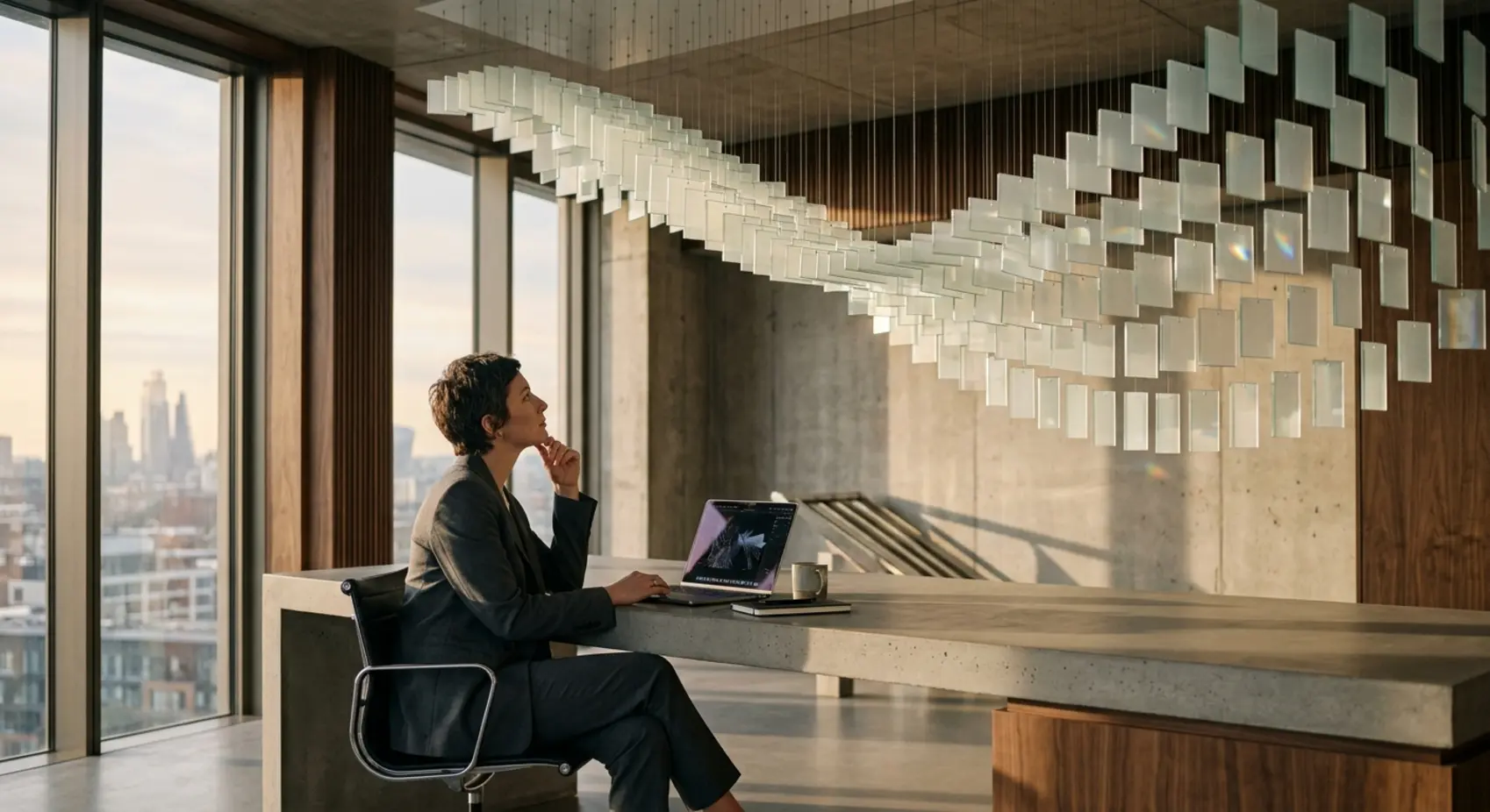 A woman in a minimalist suit beside a kinetic glass installation in a brutalist interior in morning light.