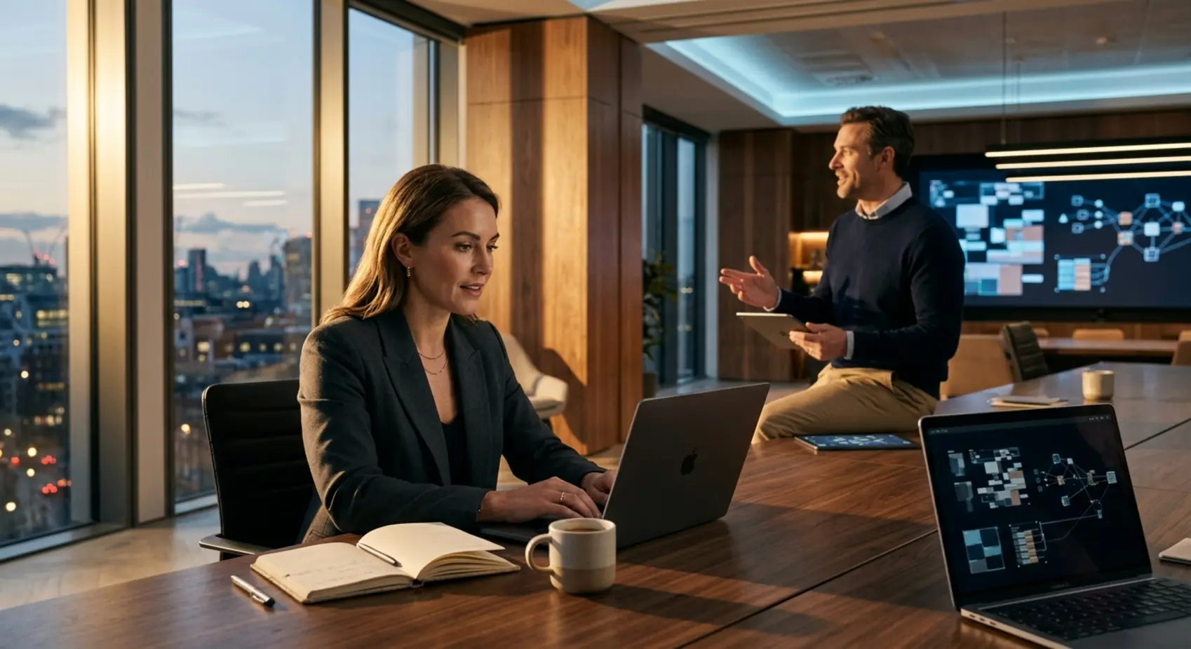 A woman working on a laptop in a modern office at dusk.