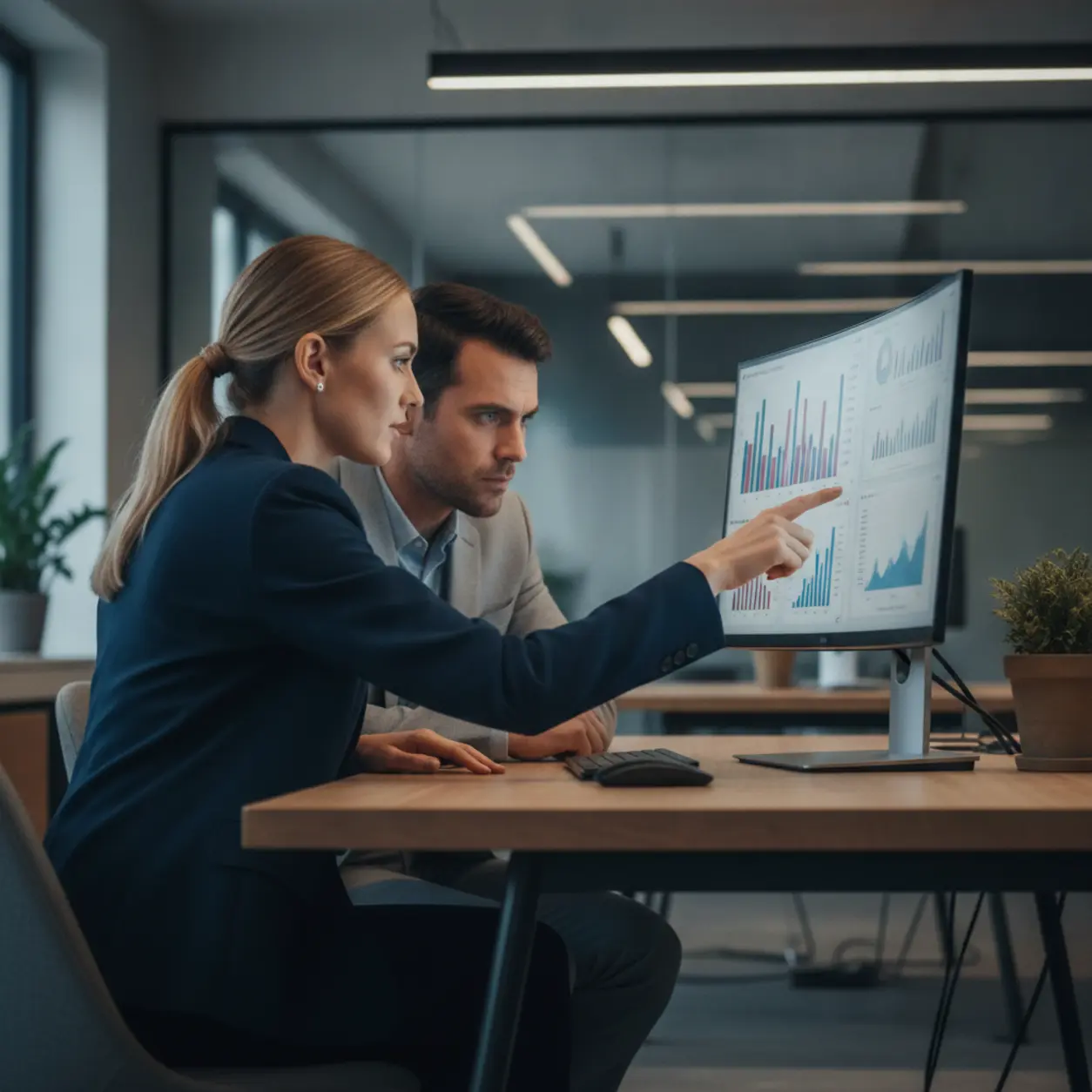 Two people analyzing charts on a monitor in a modern office.