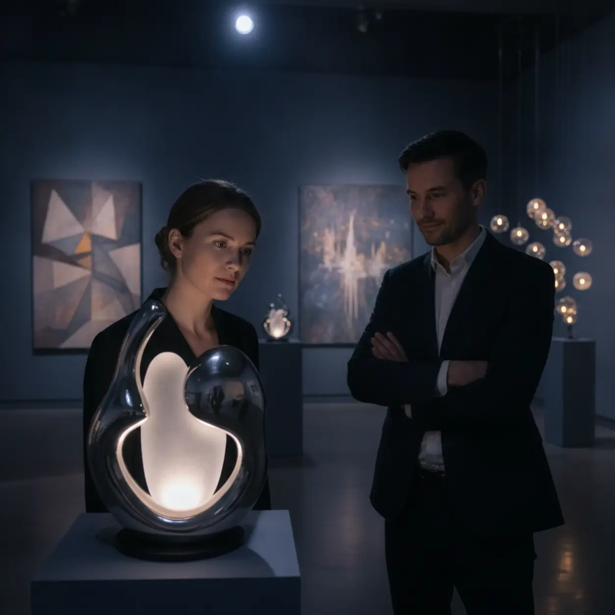 Two people in an art gallery, contemplating a sculpture.
