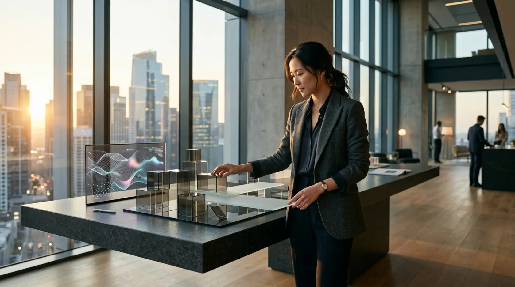 A female manager in a modern office examining an architectural technology model.