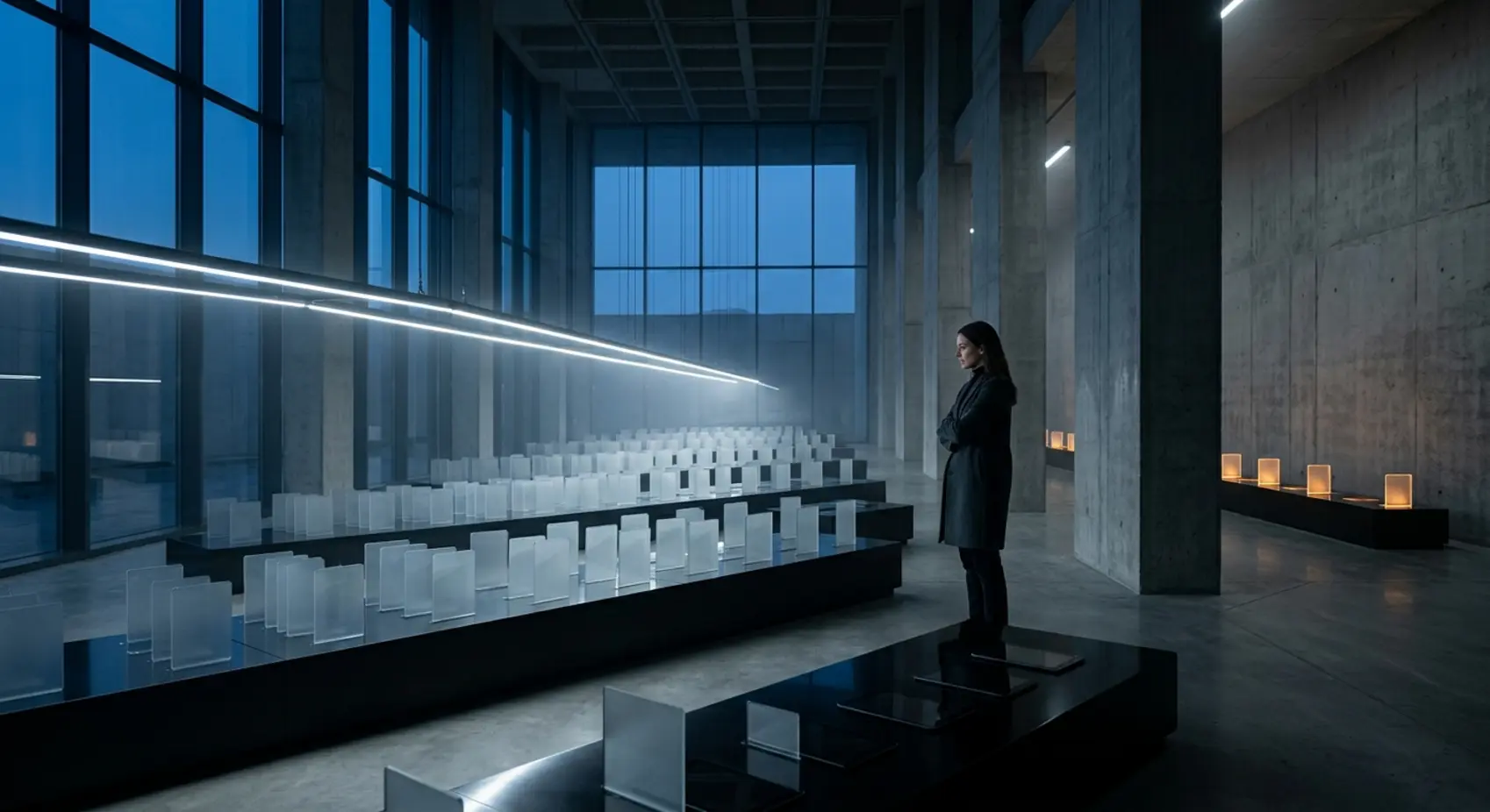 Minimalist brutalist archive with transparent data tablets at dusk.