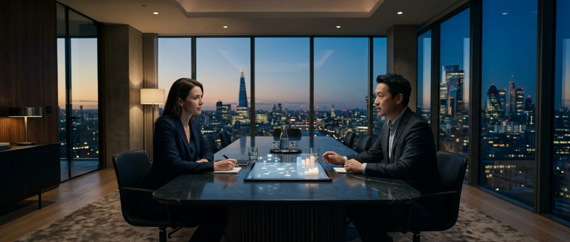 A business meeting in a modern penthouse at dusk.