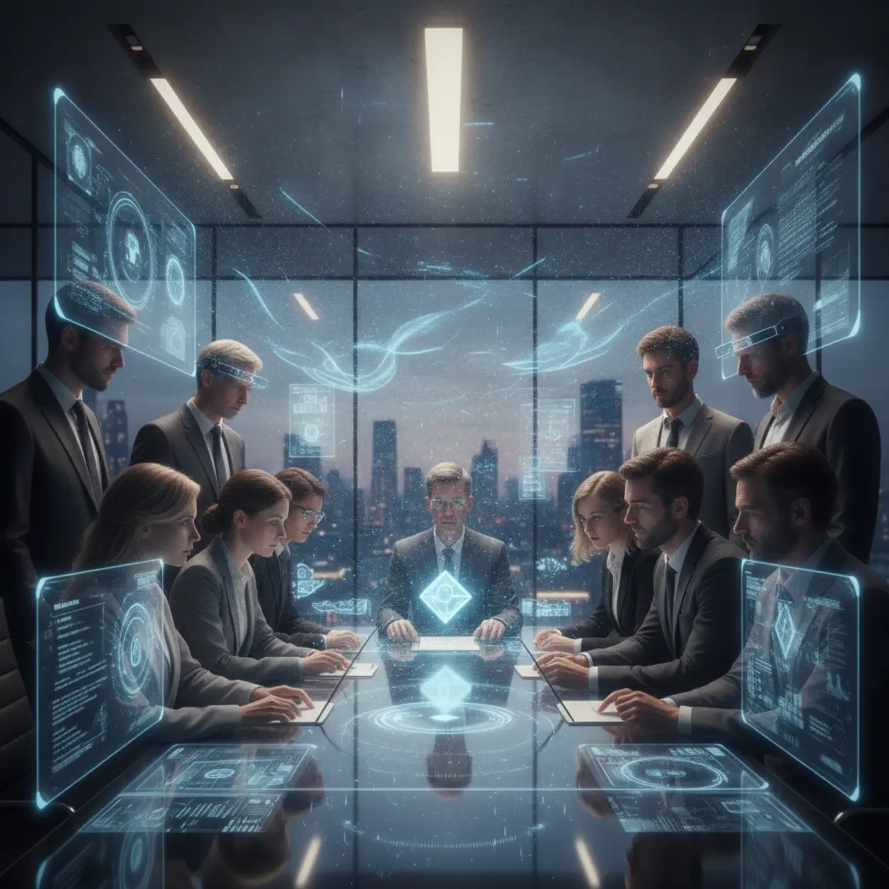 People collaborating with AI in a modern office.
