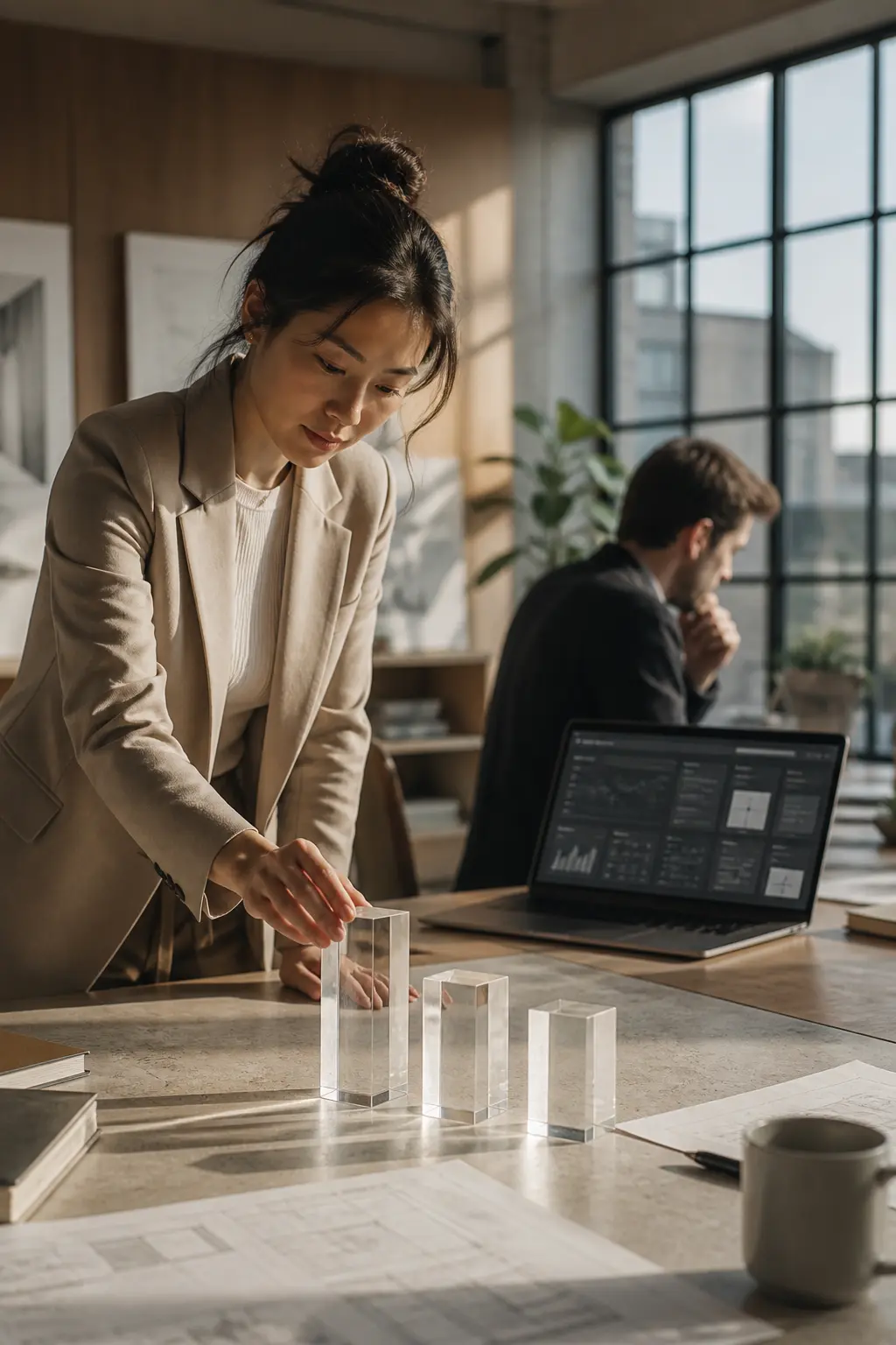 Two creators review strategic project materials at a bright table in a modern studio.