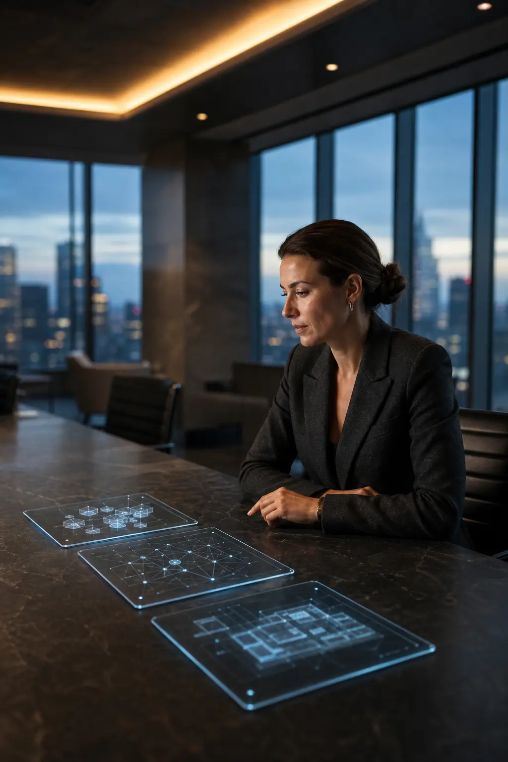 A woman in a modern office reviews holographic screens against a city skyline at dusk.