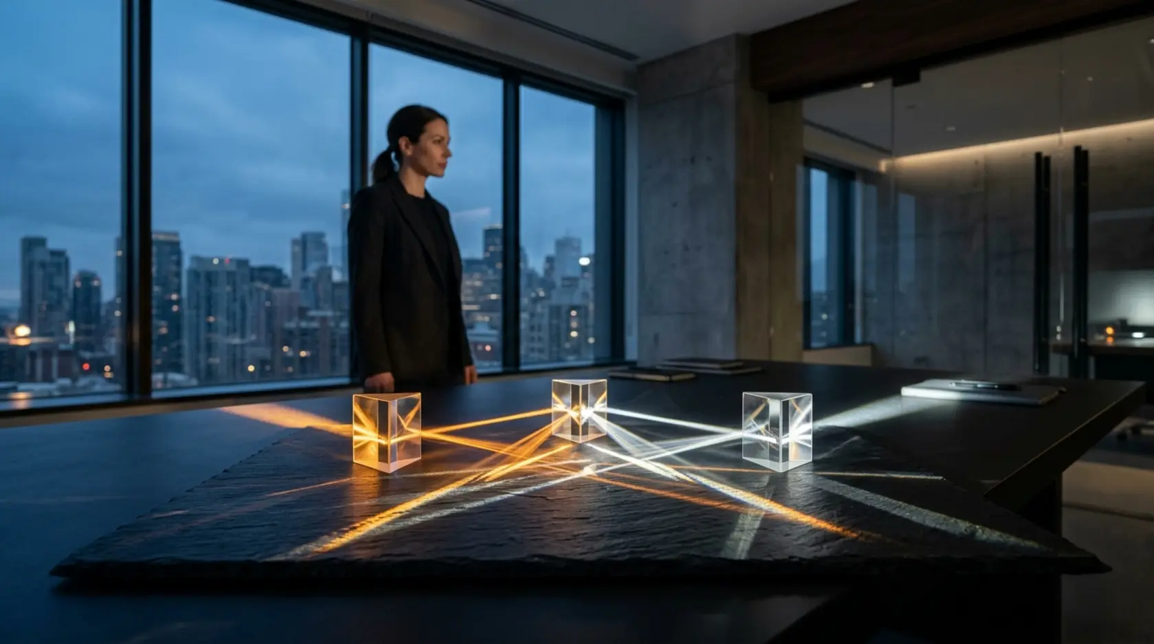 Glass prisms splitting light on a black table, with an analyst in the background.