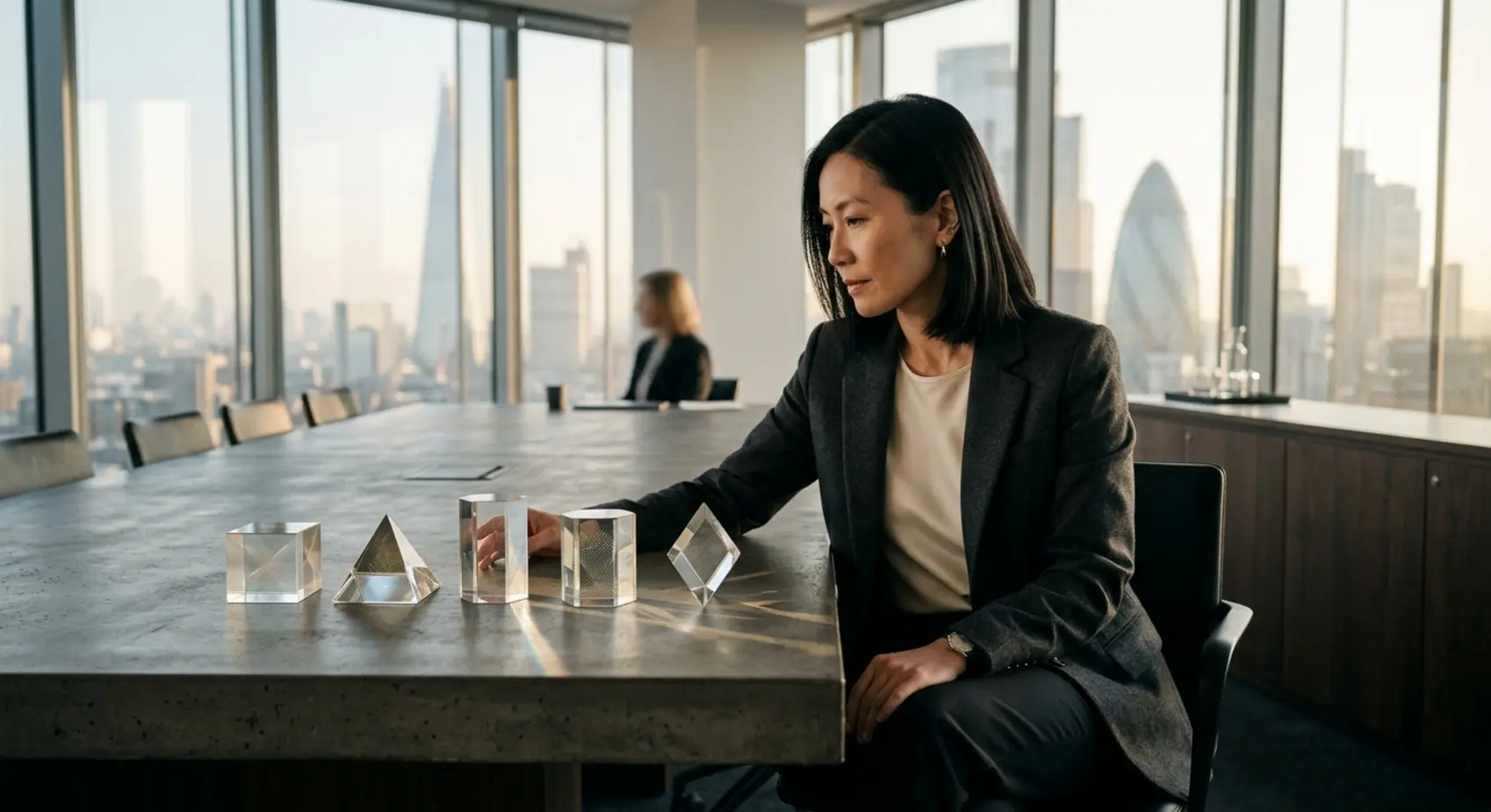 A woman in a modern conference room examines glass prisms representing software architectures.