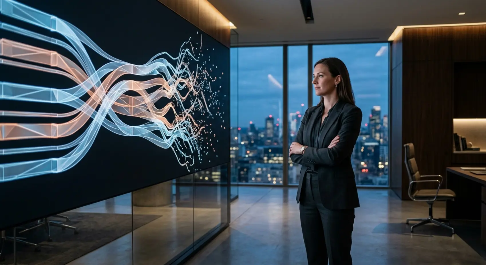 Thoughtful director in a modern office watching a stream of digital data break apart against a city skyline at dusk.