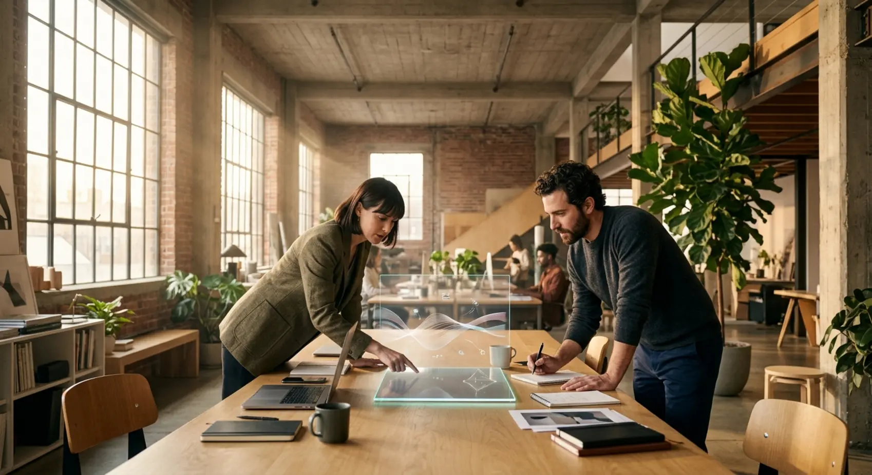 Two specialists collaborate at a bright table in a modern office.